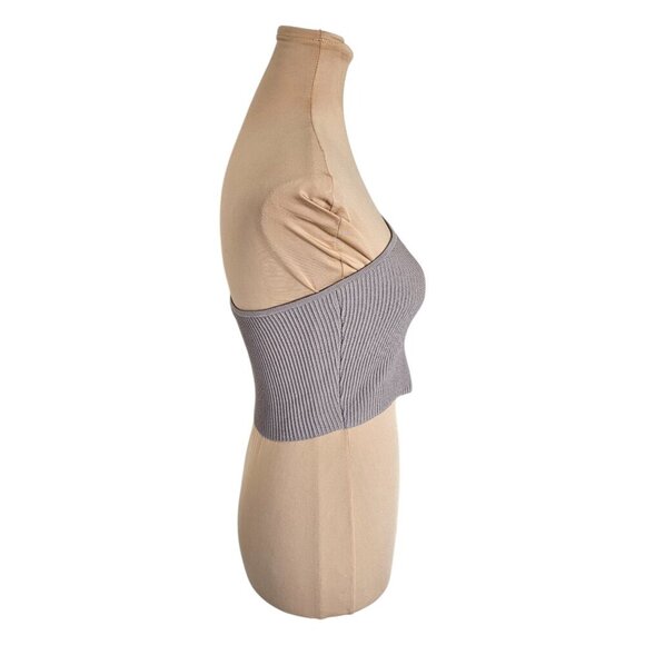 Babaton Grey One Shoulder Ribbed Sculpt Knit Cropped Top Sz L - Picture 3 of 9